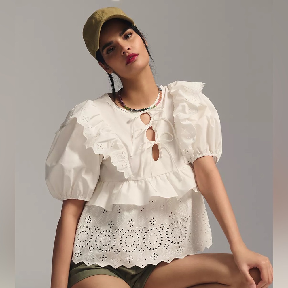 Moon River | White Eyelet Ruffle Puff-Sleeve Blouse | TUCKERNUCK & ANTHROPOLOGIE
